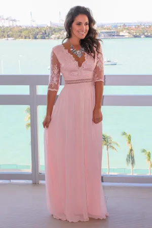 Blush V-Neck Maxi Dress with Mesh Embroidered Sleeves