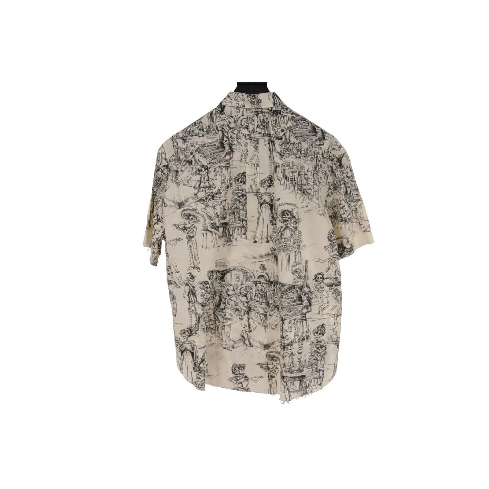 Bowling Shirt White Black Skulls Day Of The Dead Raw Hem
