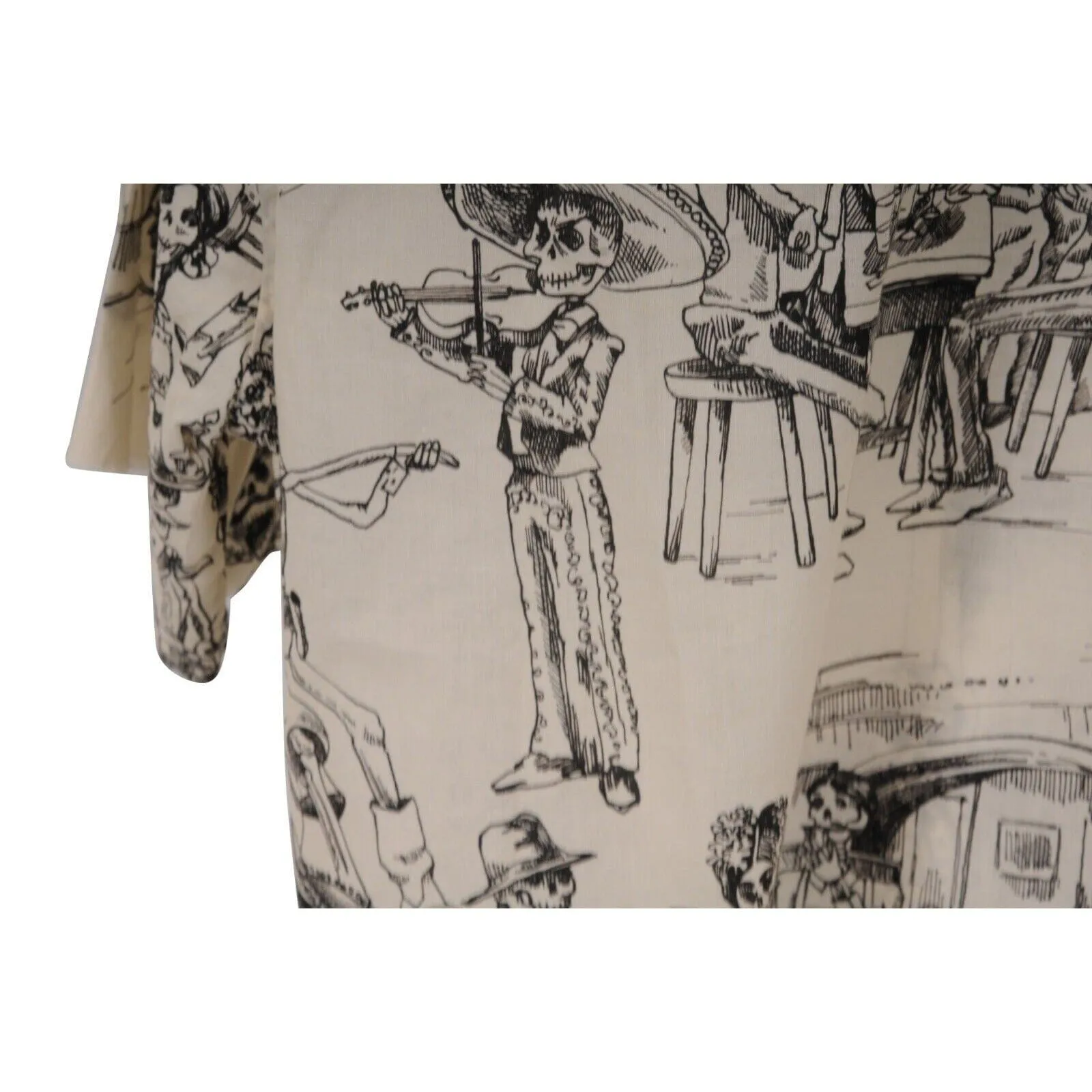 Bowling Shirt White Black Skulls Day Of The Dead Raw Hem