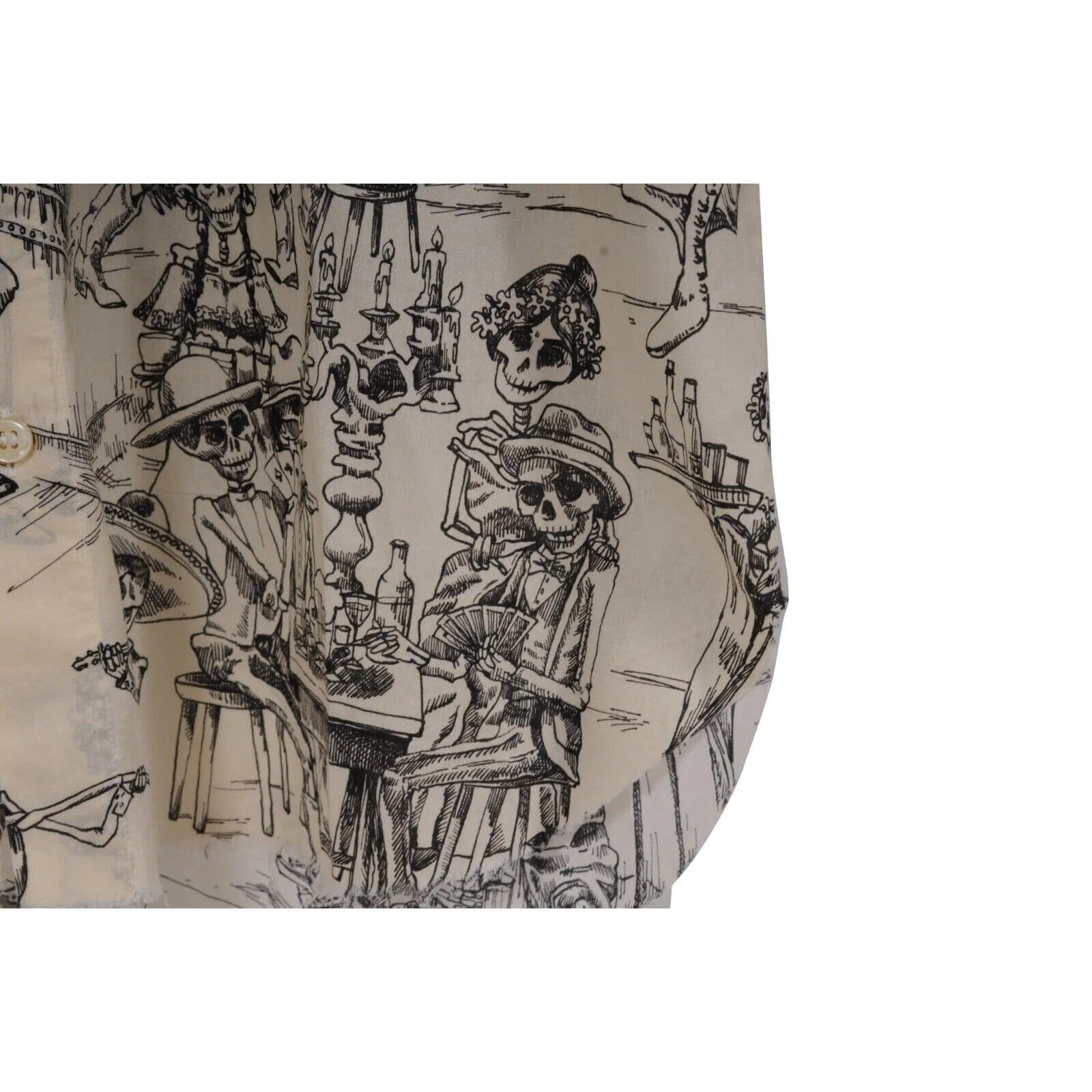 Bowling Shirt White Black Skulls Day Of The Dead Raw Hem