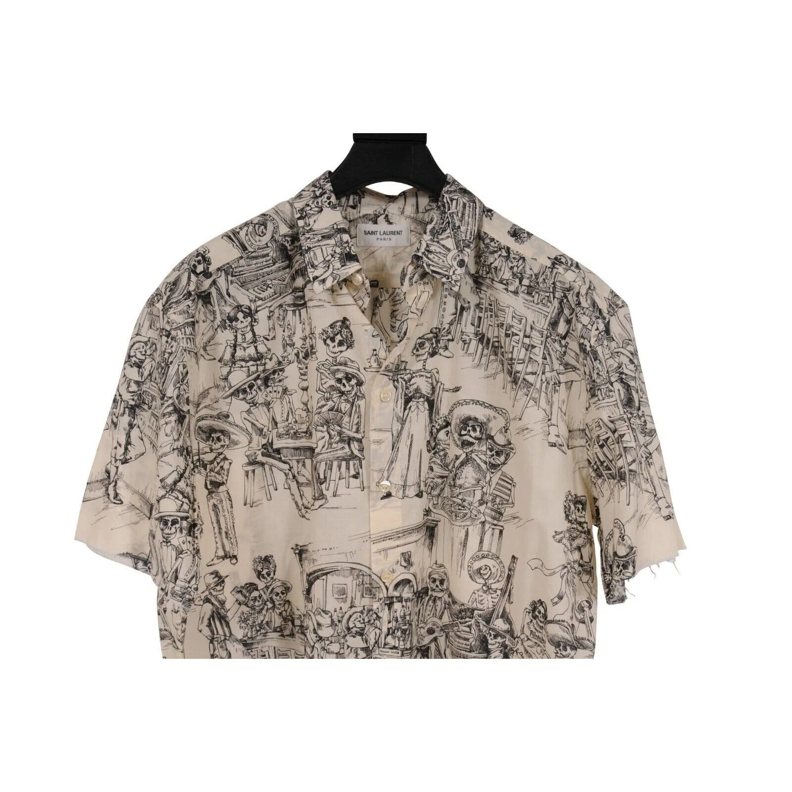 Bowling Shirt White Black Skulls Day Of The Dead Raw Hem
