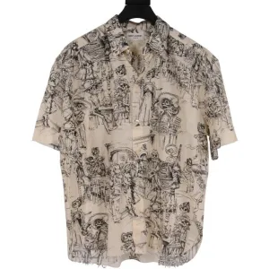 Bowling Shirt White Black Skulls Day Of The Dead Raw Hem