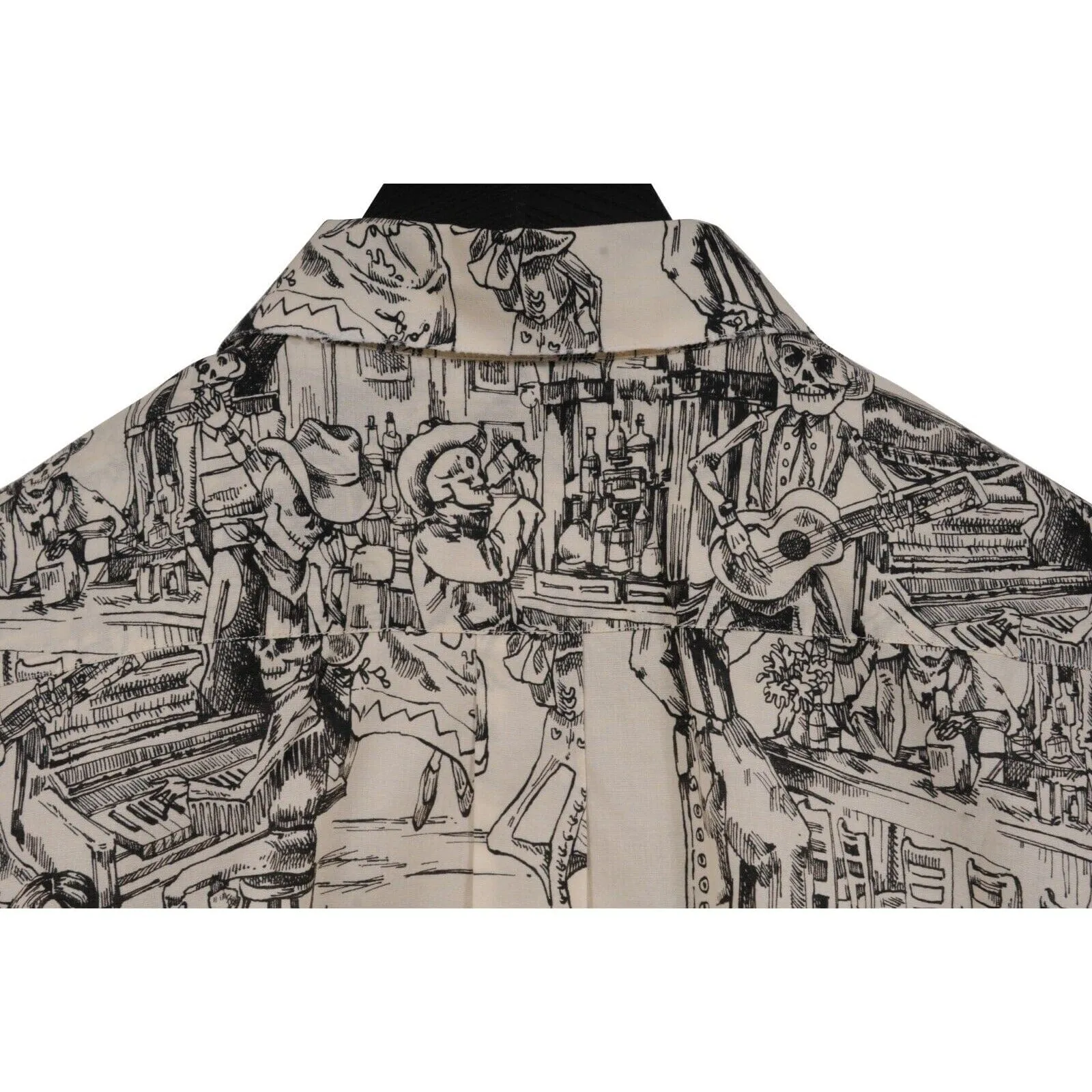 Bowling Shirt White Black Skulls Day Of The Dead Raw Hem