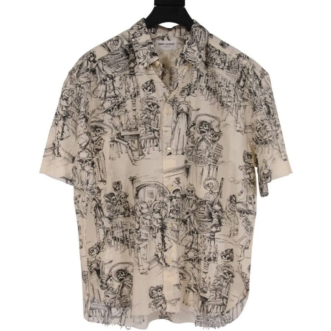 Bowling Shirt White Black Skulls Day Of The Dead Raw Hem