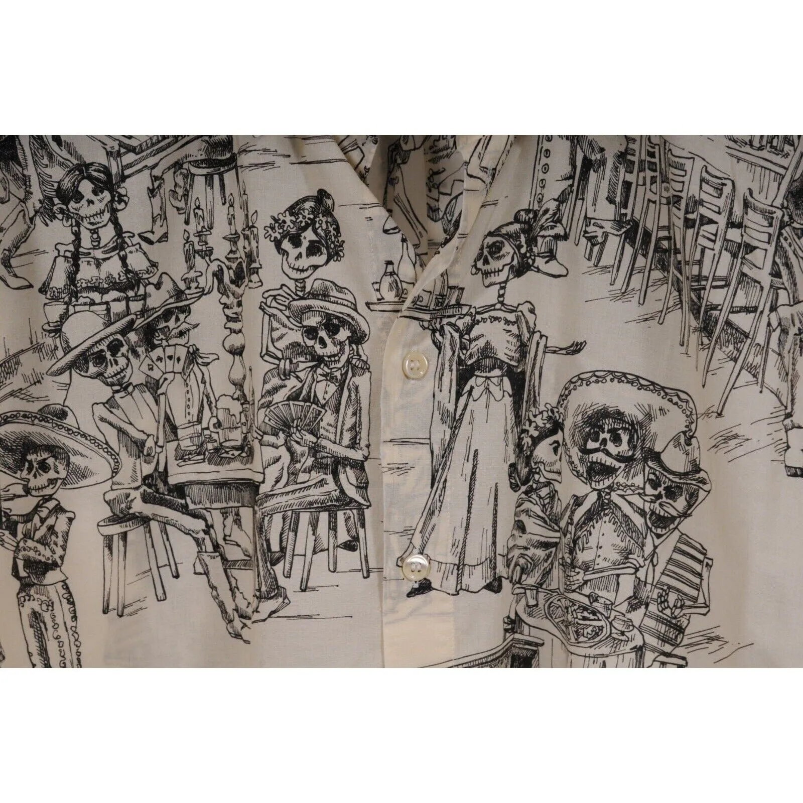 Bowling Shirt White Black Skulls Day Of The Dead Raw Hem