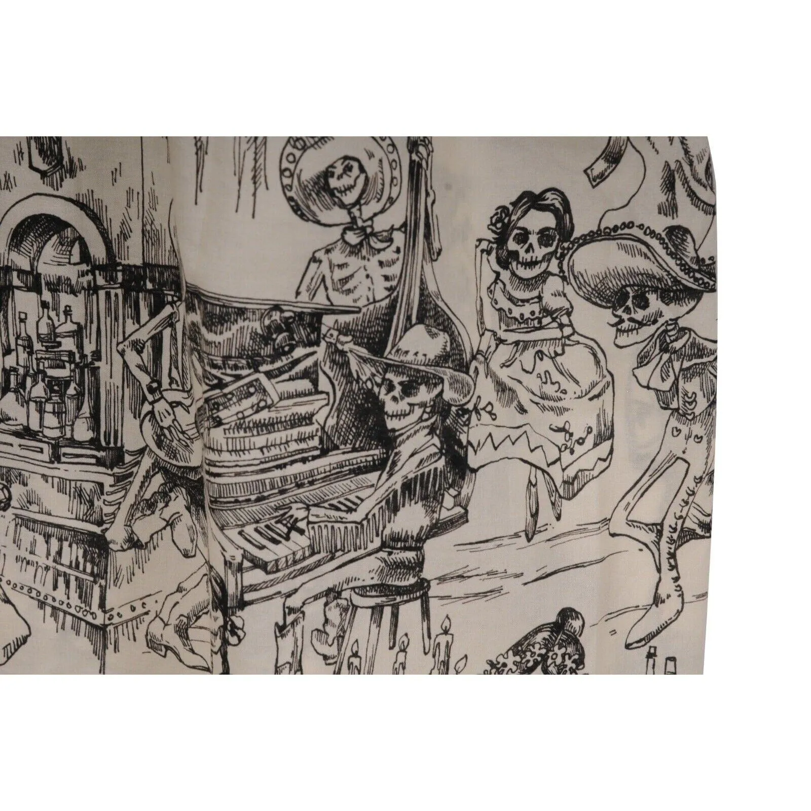 Bowling Shirt White Black Skulls Day Of The Dead Raw Hem