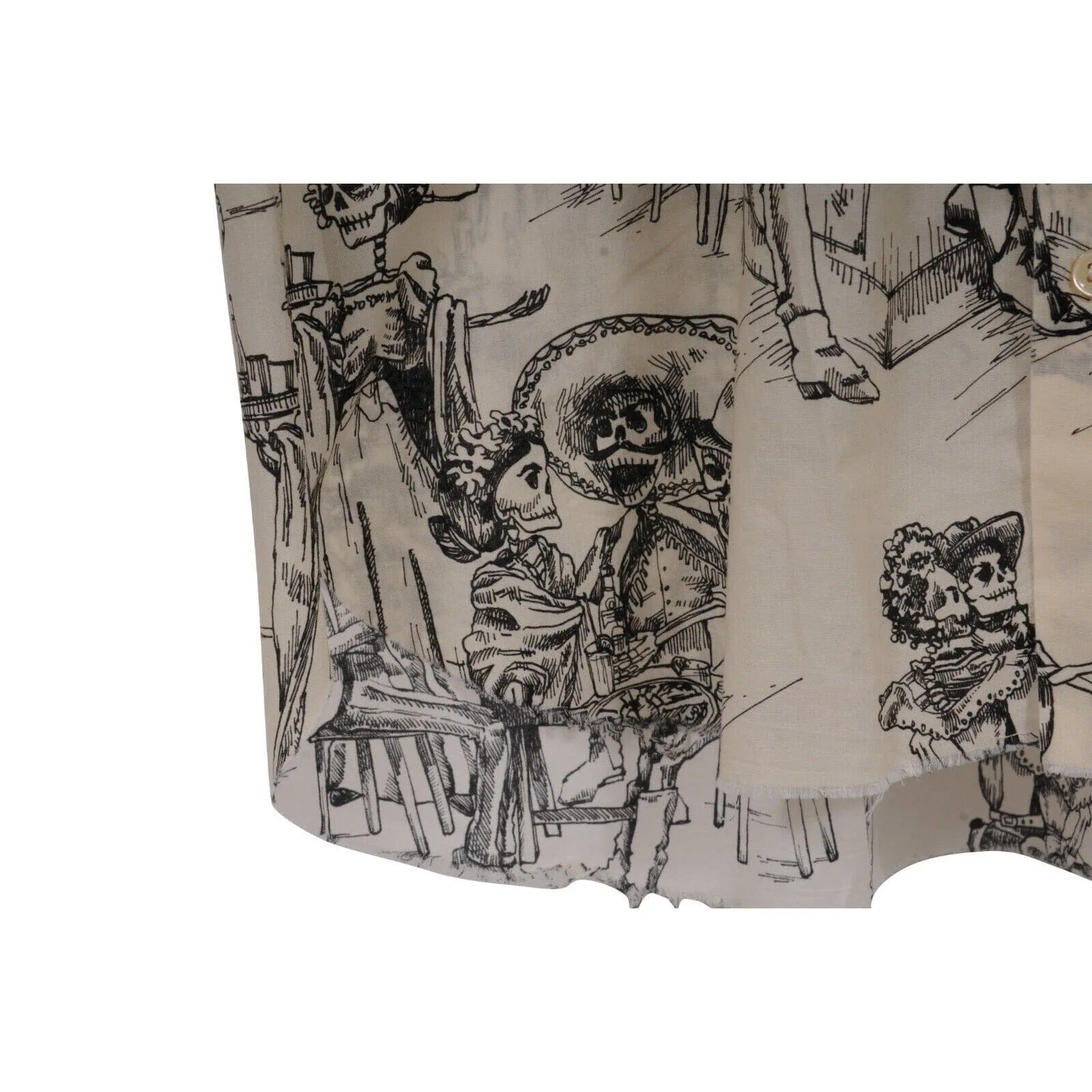 Bowling Shirt White Black Skulls Day Of The Dead Raw Hem