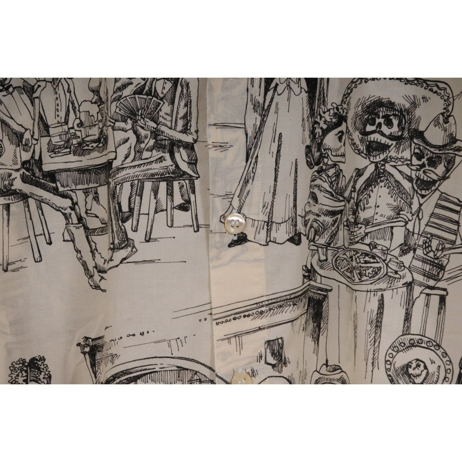 Bowling Shirt White Black Skulls Day Of The Dead Raw Hem