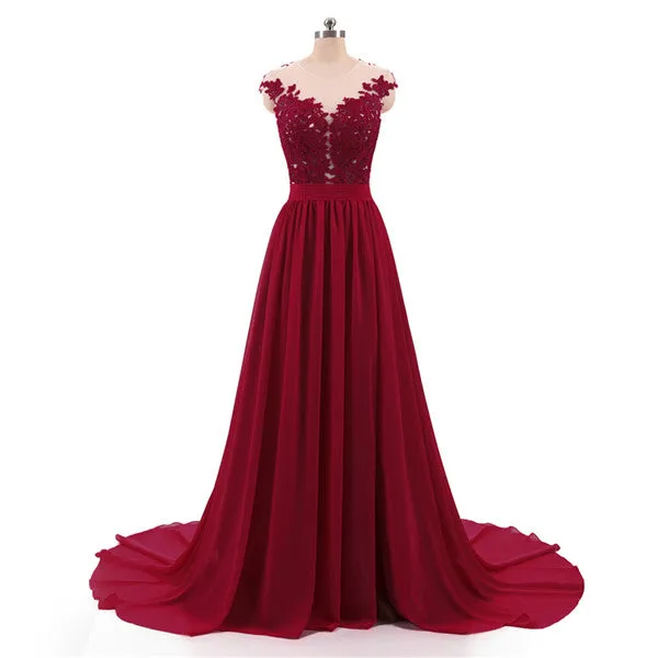 Burgundy A-line Evening Dresses Long With Buttons Sexy See Through Back High Split Lace Prom Dress Evening Gowns