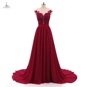 Burgundy A-line Evening Dresses Long With Buttons Sexy See Through Back High Split Lace Prom Dress Evening Gowns