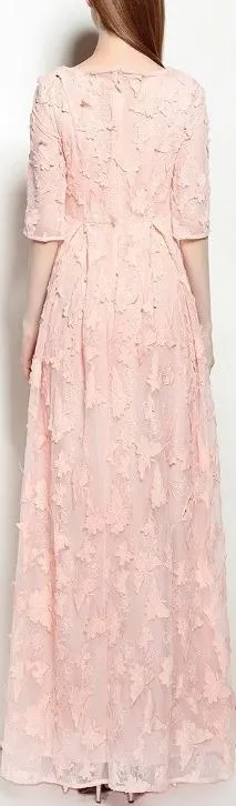 Butterfly-Embroidered Mesh Gown, Pink