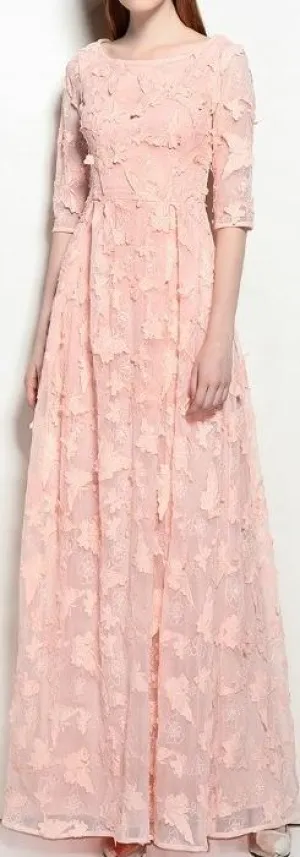 Butterfly-Embroidered Mesh Gown, Pink