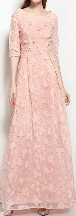 Butterfly-Embroidered Mesh Gown, Pink