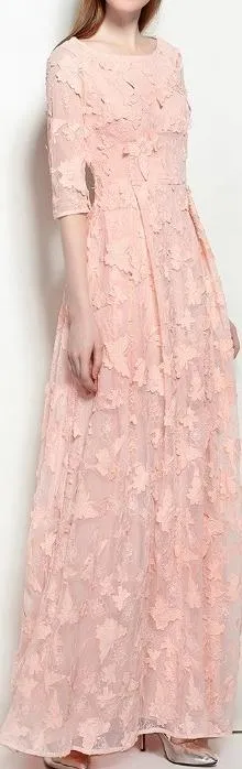 Butterfly-Embroidered Mesh Gown, Pink