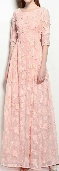 Butterfly-Embroidered Mesh Gown, Pink