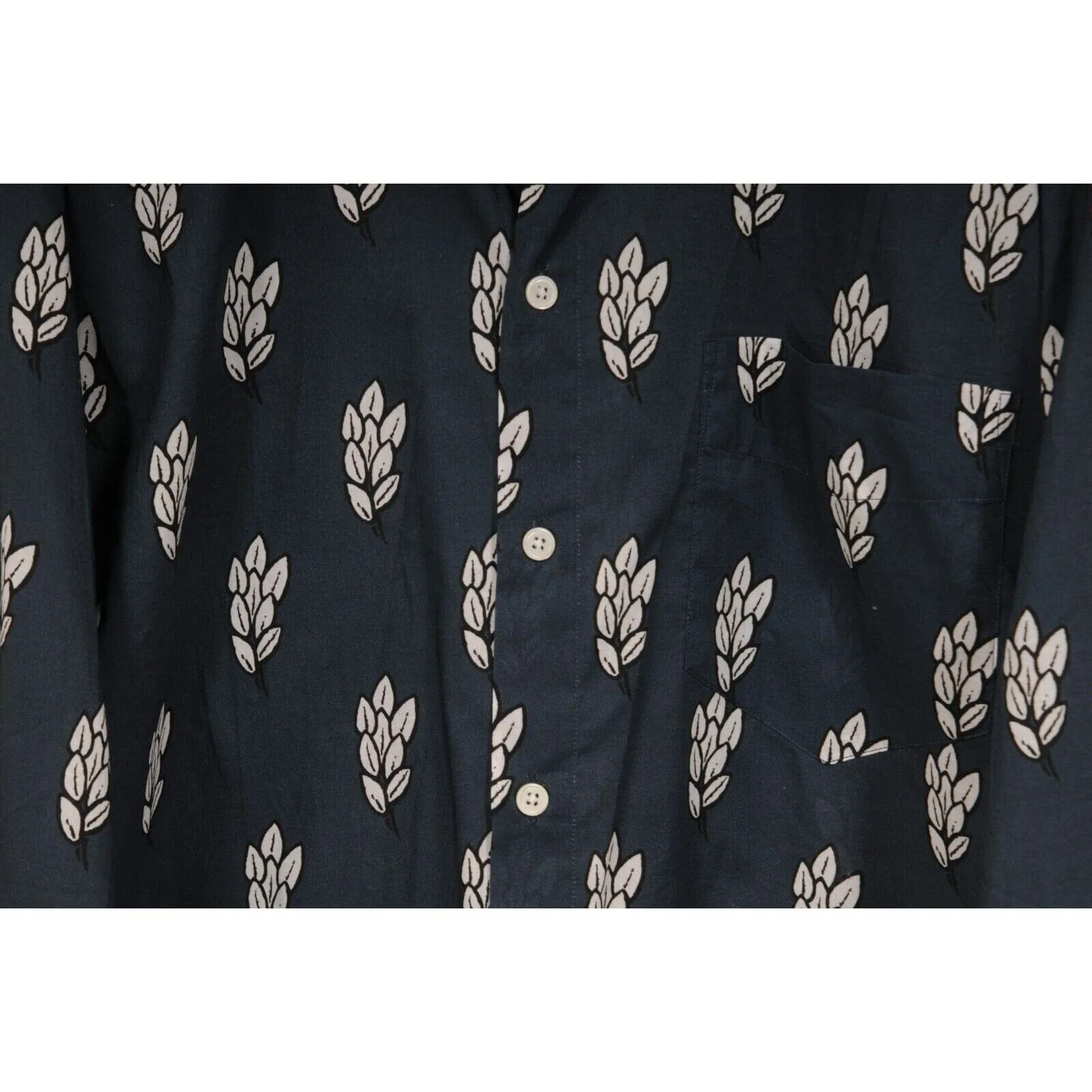 Button Down Shirt Navy Blue White Wheat Print Cotton