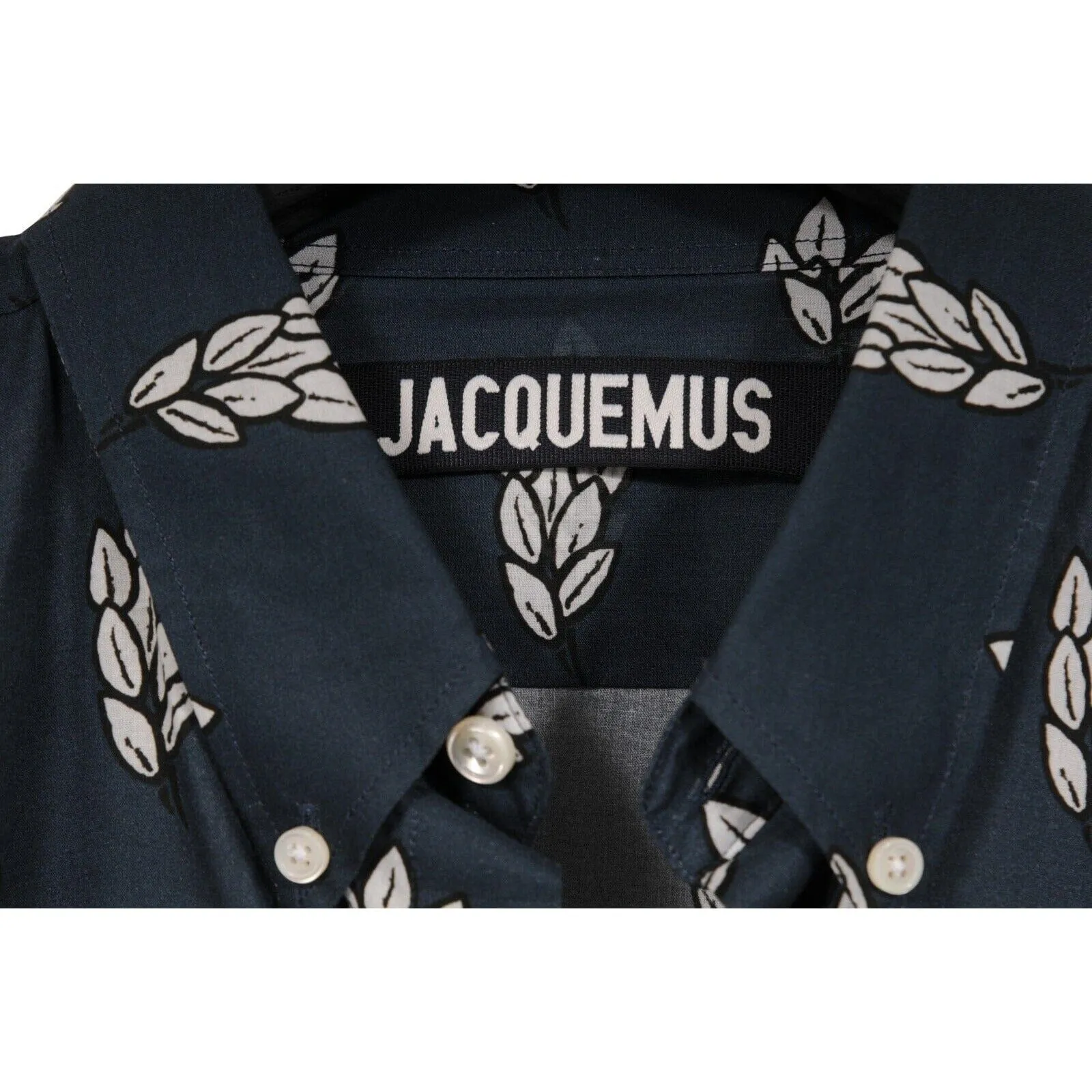 Button Down Shirt Navy Blue White Wheat Print Cotton