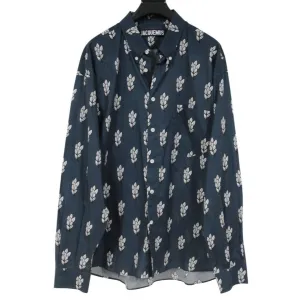 Button Down Shirt Navy Blue White Wheat Print Cotton