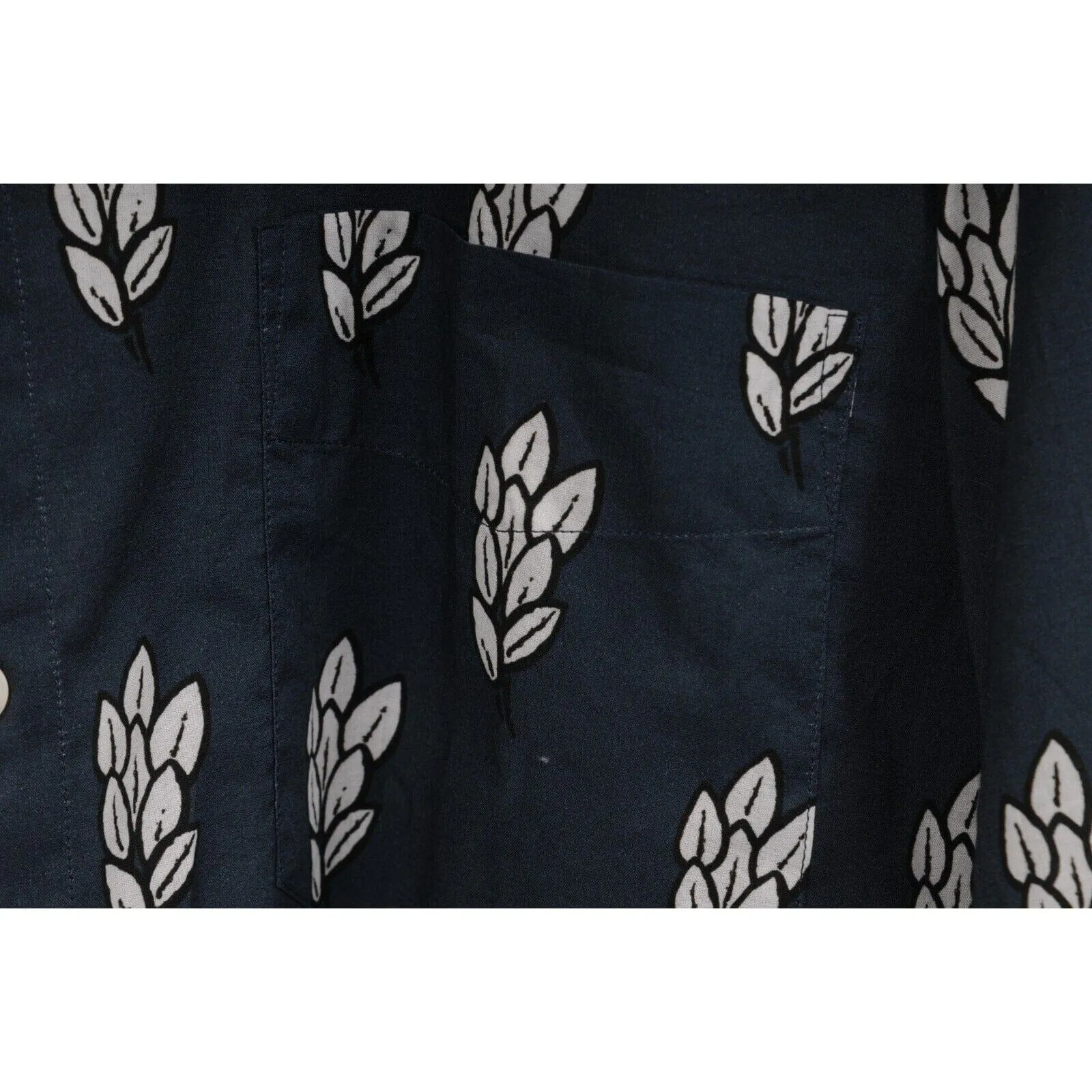 Button Down Shirt Navy Blue White Wheat Print Cotton