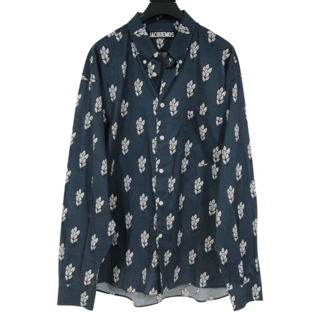 Button Down Shirt Navy Blue White Wheat Print Cotton