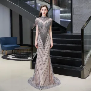 Cap Sleeves Sheath Sequins Beaded Long Evening Gowns