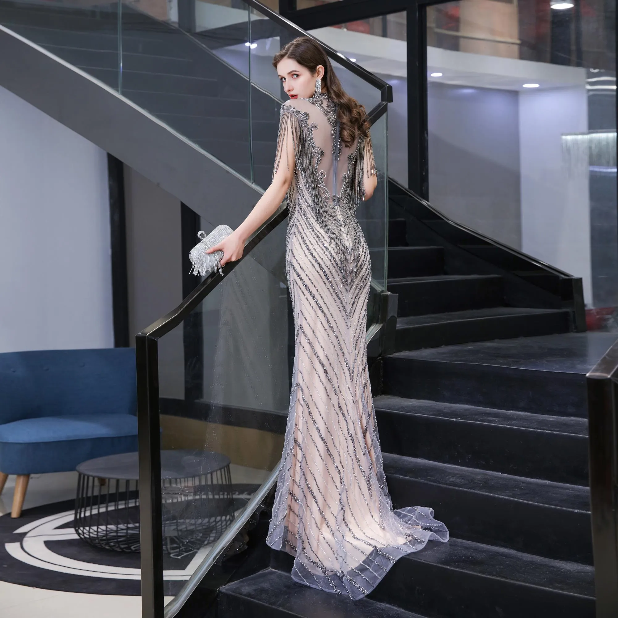 Cap Sleeves Sheath Sequins Beaded Long Evening Gowns