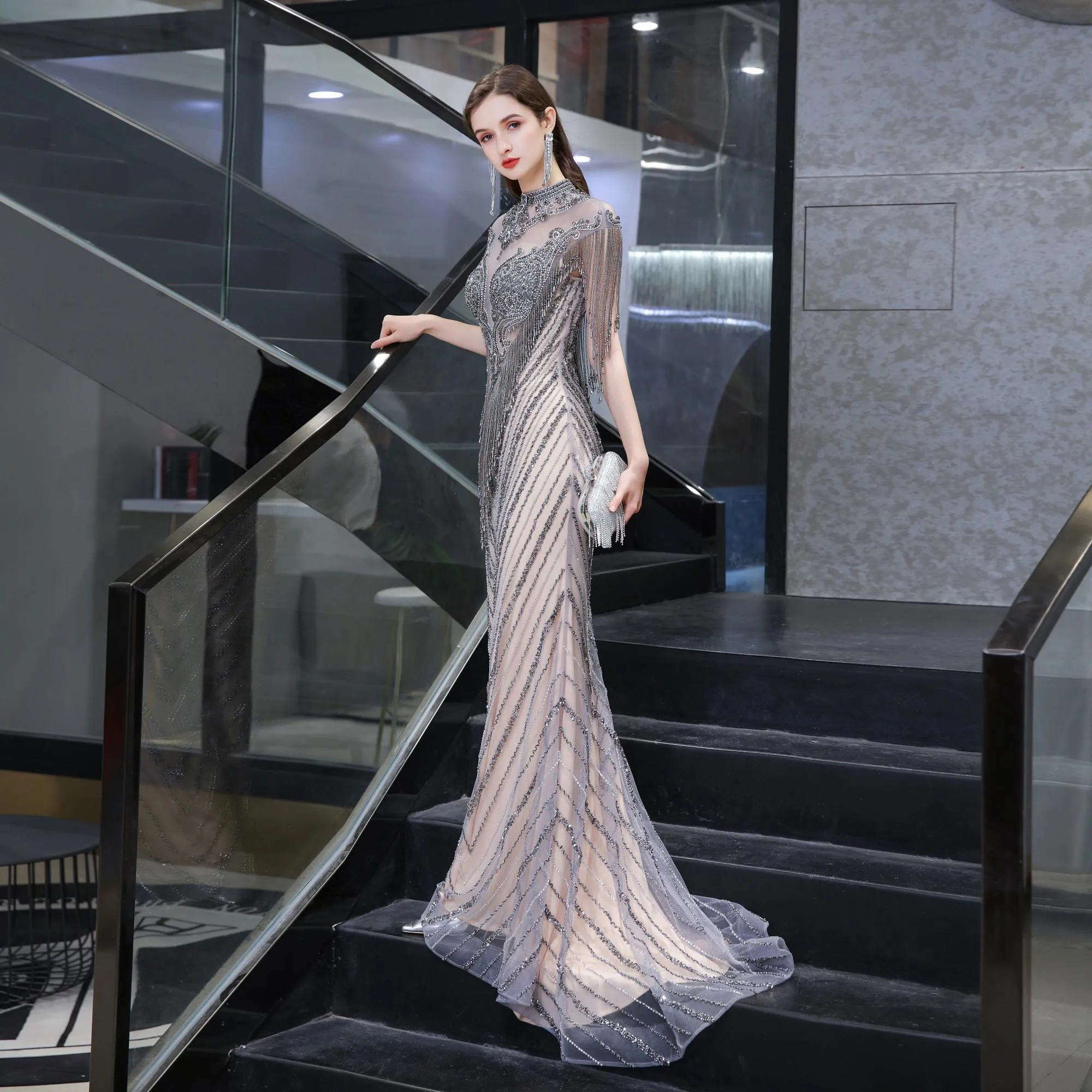 Cap Sleeves Sheath Sequins Beaded Long Evening Gowns