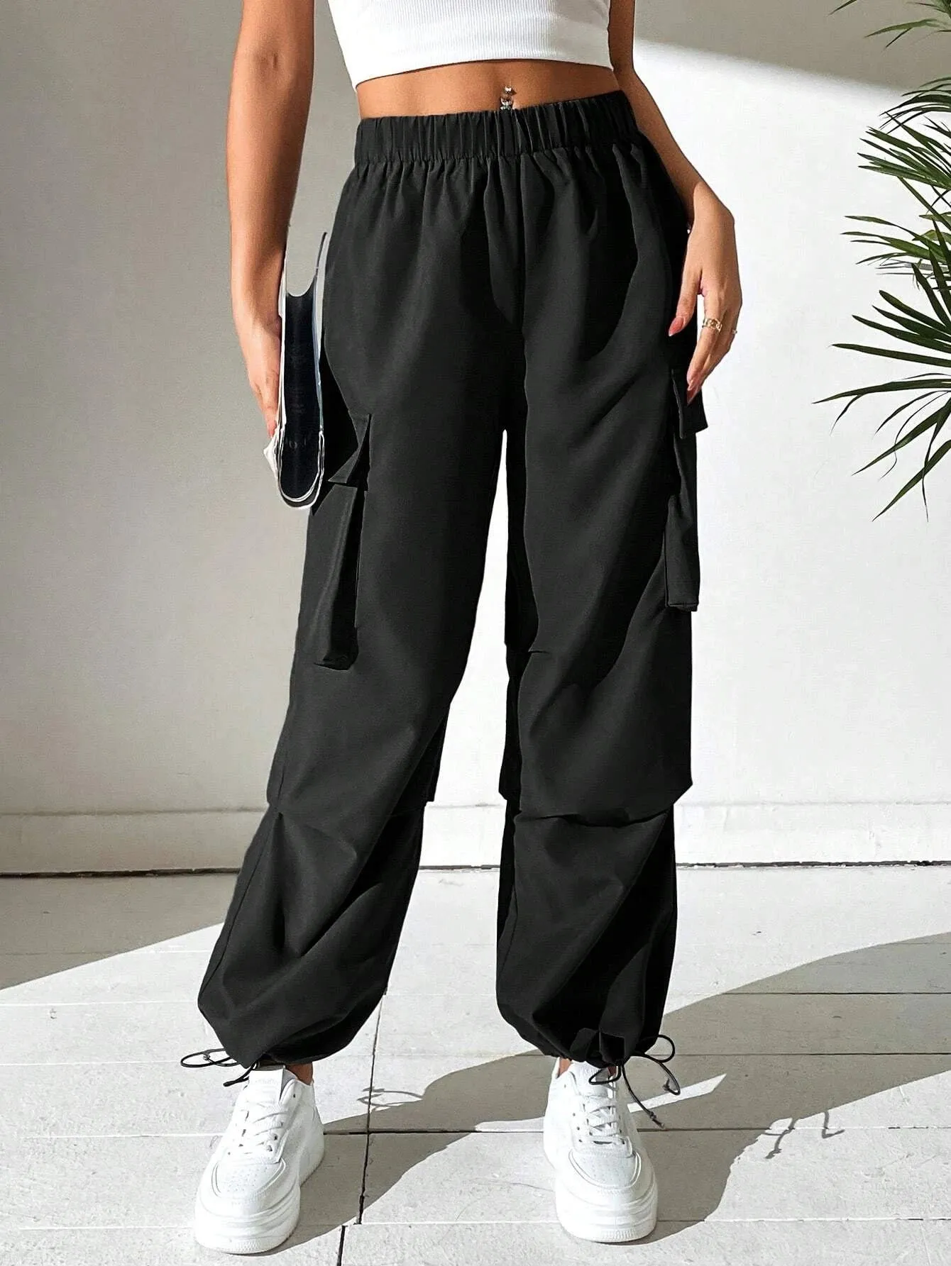 Casual Flap Pocket Side Plain Cargo Pants
