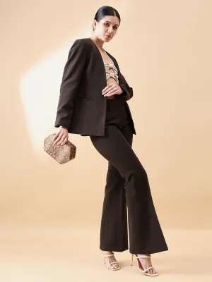 Chocolate Brown Polyester Lapel less Stretch Pant Suit