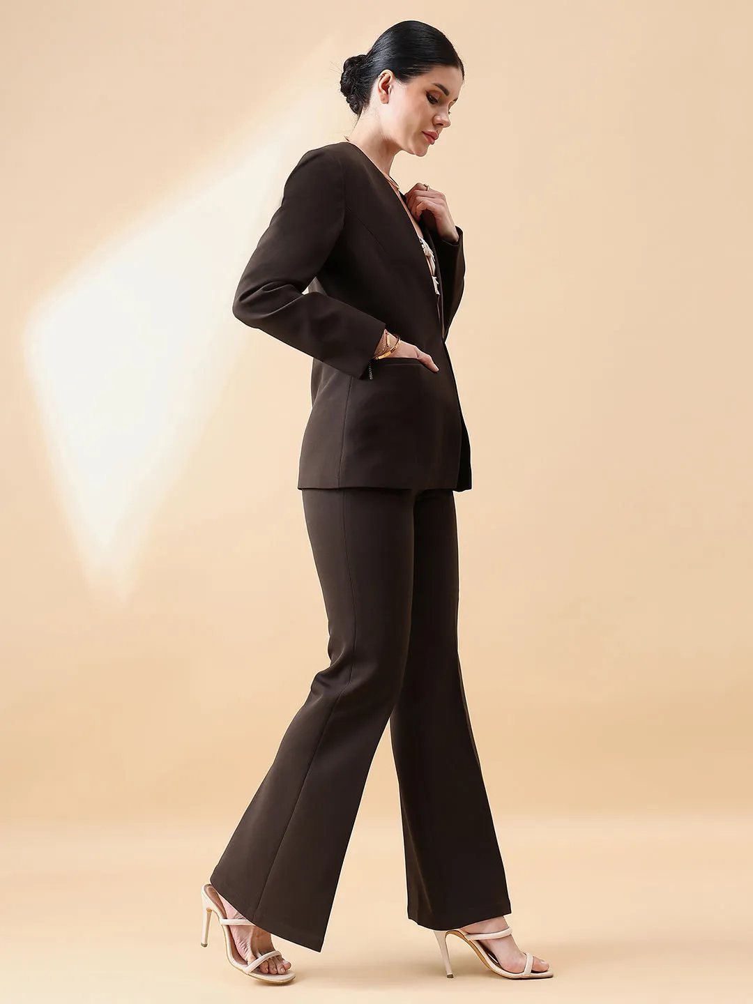 Chocolate Brown Polyester Lapel less Stretch Pant Suit