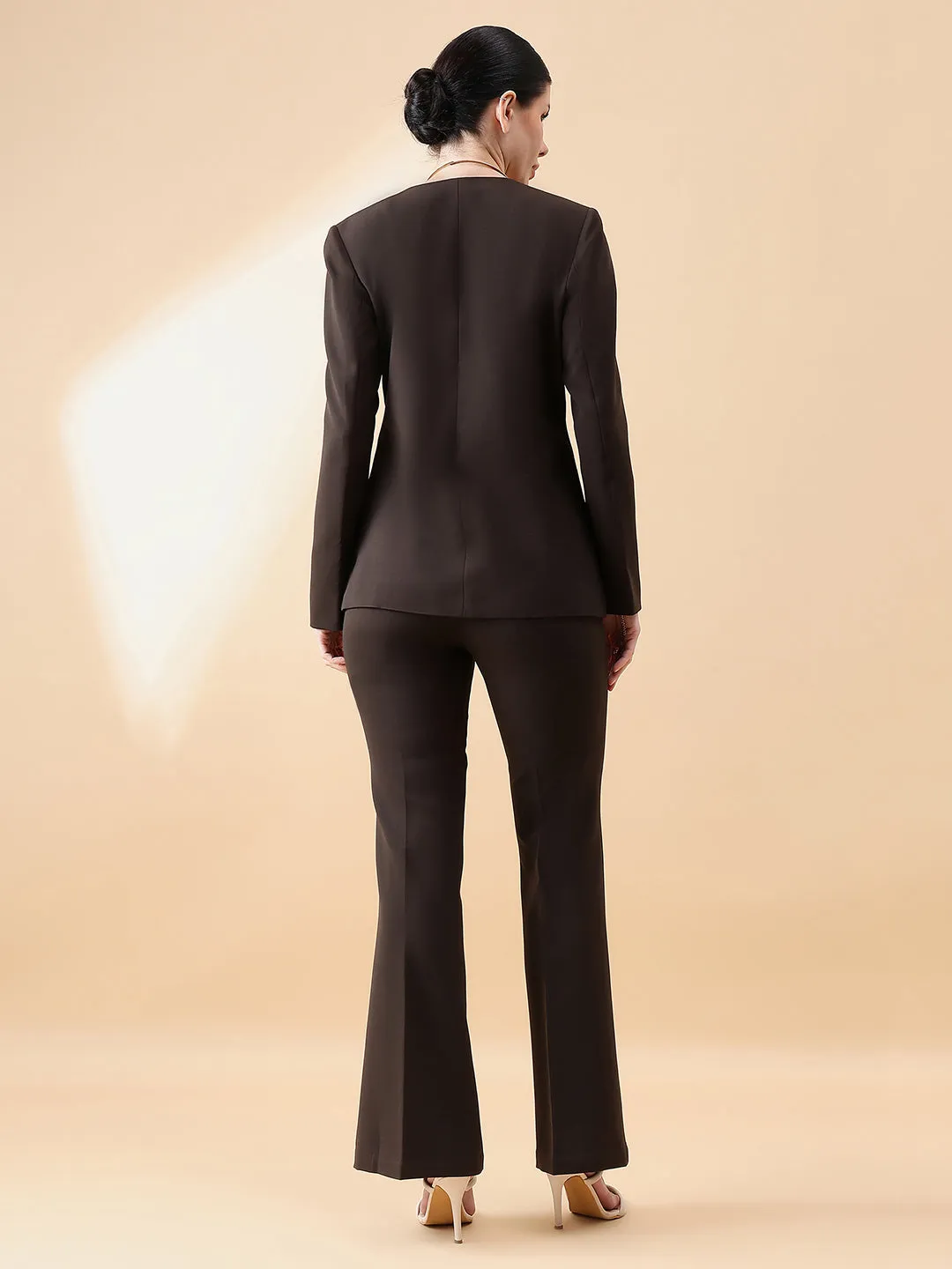 Chocolate Brown Polyester Lapel less Stretch Pant Suit