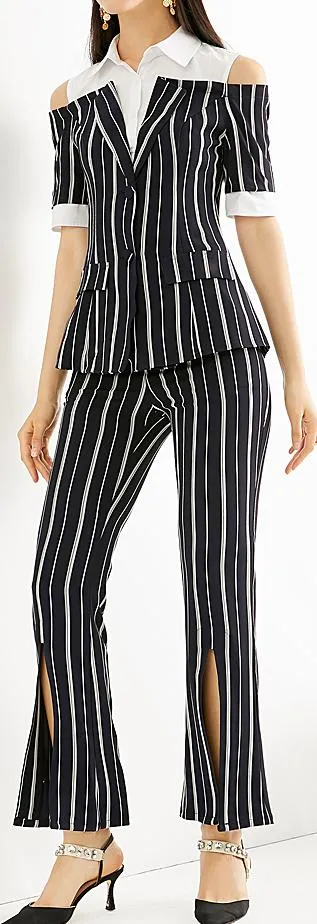 Cold-Shoulder Stripe Short-Sleeve Shirt-Blazer and Split Trouser Set