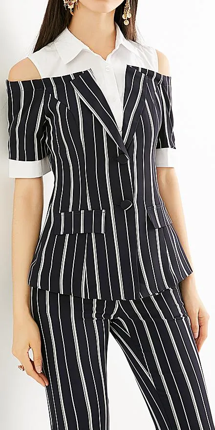Cold-Shoulder Stripe Short-Sleeve Shirt-Blazer and Split Trouser Set