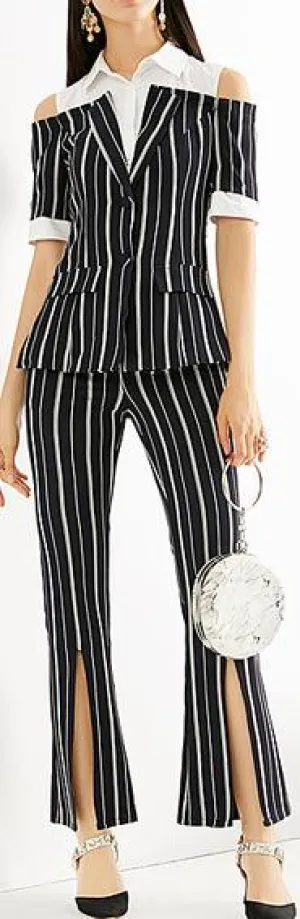 Cold-Shoulder Stripe Short-Sleeve Shirt-Blazer and Split Trouser Set