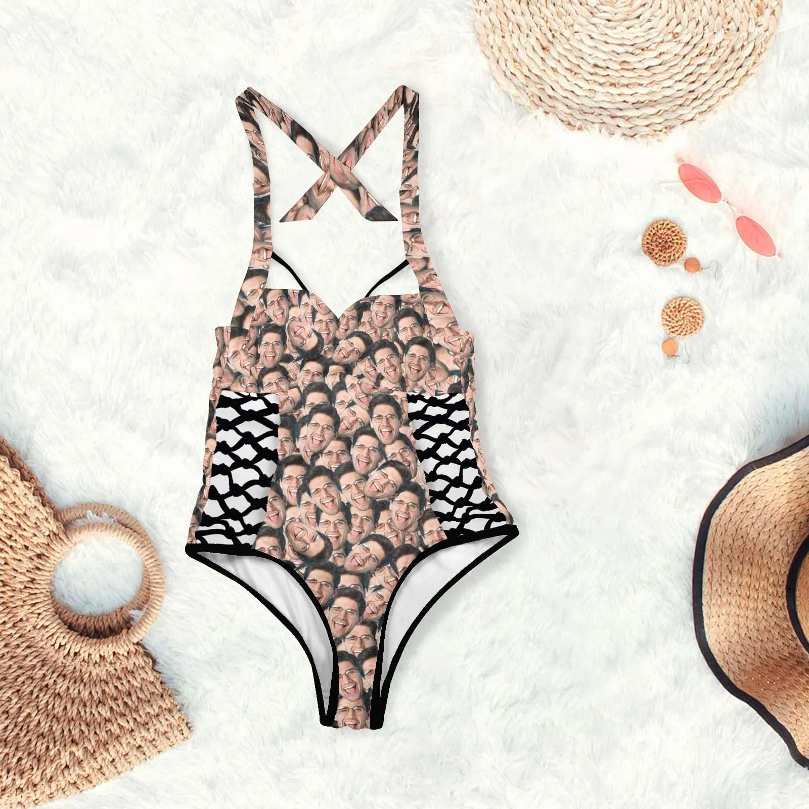 Custom Face All Women's Sexy One Pieces Swimsuit Lace Up Side Halter Back Tie Swimsuit Face Bathing Suit