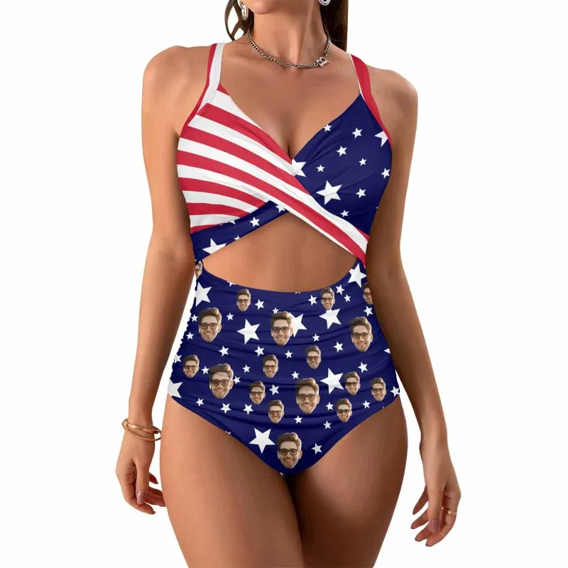 Custom Face American Flag Style Women's Twist Front Tie Back One Piece Swimsuit Face Bathing Suit