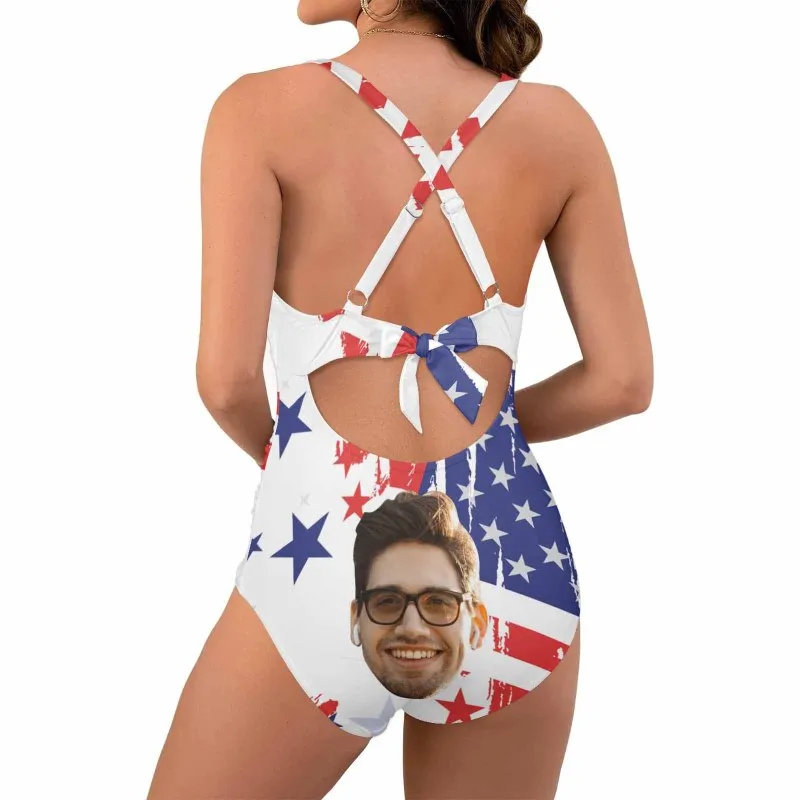 Custom Face American Flag Style Women's Twist Front Tie Back One Piece Swimsuit Face Bathing Suit