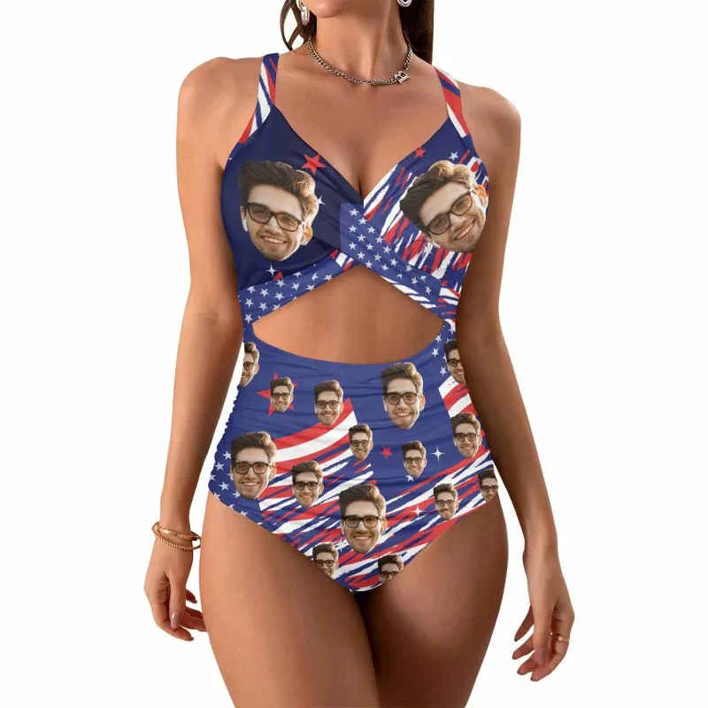 Custom Face American Flag Style Women's Twist Front Tie Back One Piece Swimsuit Face Bathing Suit