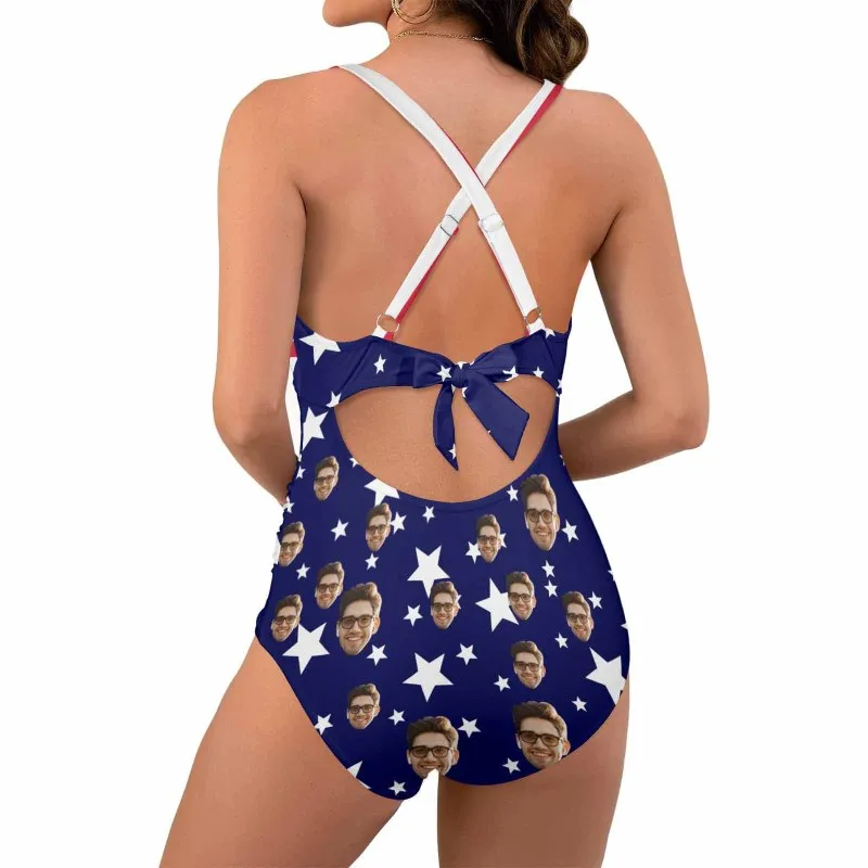 Custom Face American Flag Style Women's Twist Front Tie Back One Piece Swimsuit Face Bathing Suit