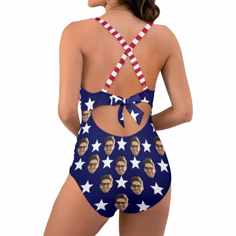 Custom Face American Flag Style Women's Twist Front Tie Back One Piece Swimsuit Face Bathing Suit