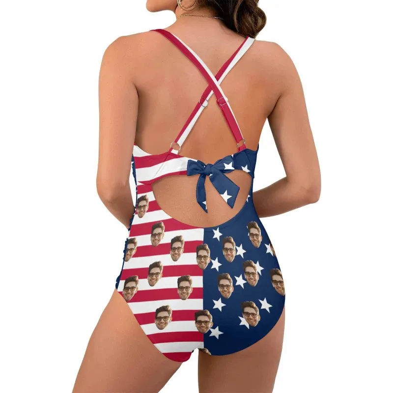 Custom Face American Flag Style Women's Twist Front Tie Back One Piece Swimsuit Face Bathing Suit