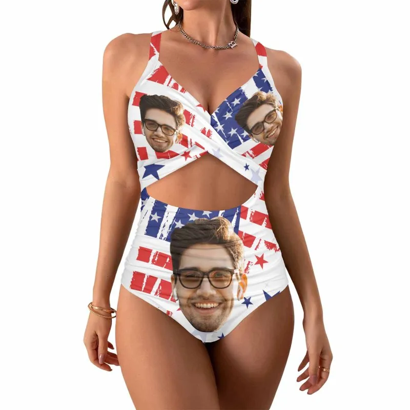 Custom Face American Flag Style Women's Twist Front Tie Back One Piece Swimsuit Face Bathing Suit