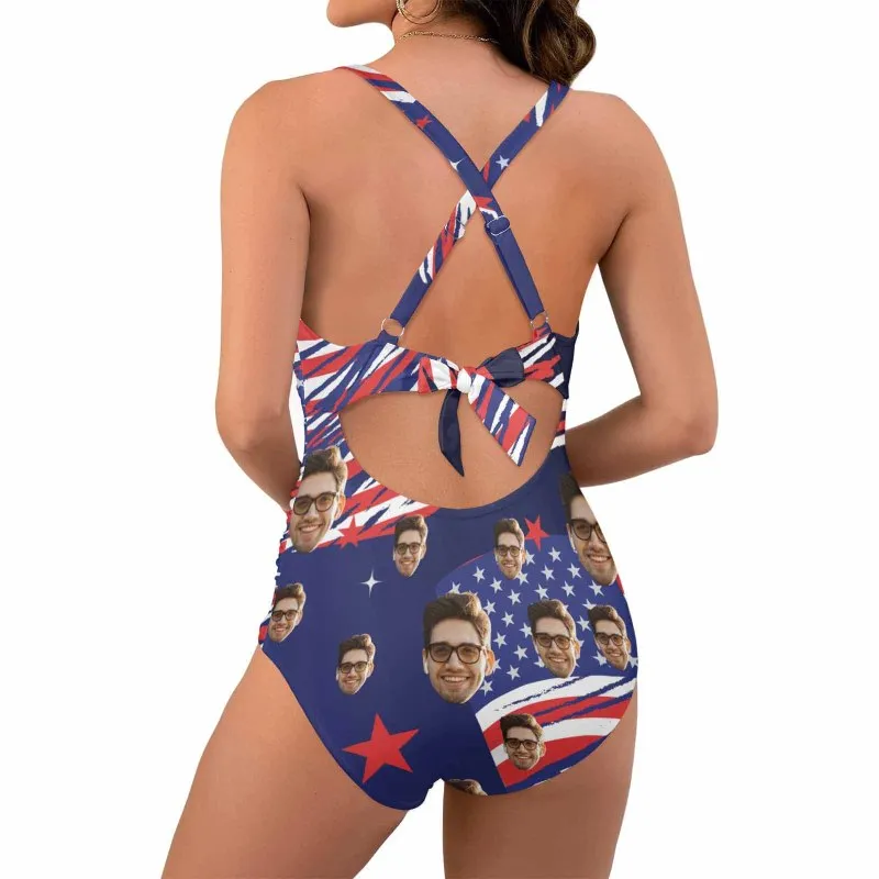 Custom Face American Flag Style Women's Twist Front Tie Back One Piece Swimsuit Face Bathing Suit