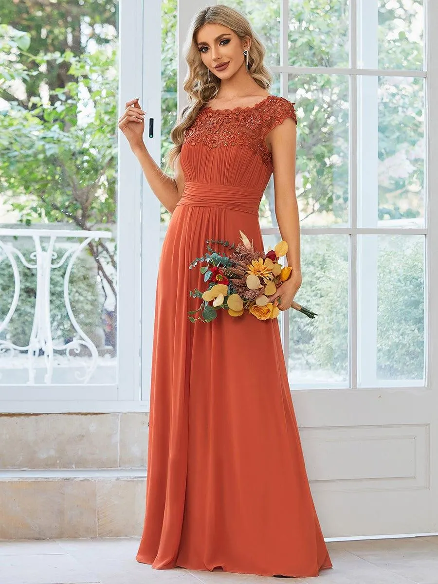 Elegant Maxi Long Lace Cap Sleeve Bridesmaid Dress
