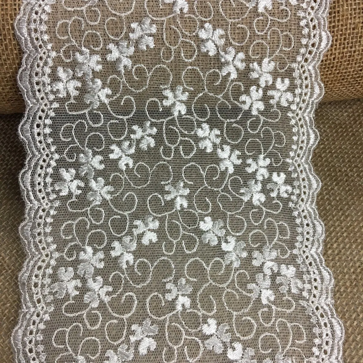 Embroidered Mesh Trim Lace Double Scalloped Border, 6.5" Wide, Ivory, Table Runner Garment Gown Veil Costume Slip Extender, DIY Sewing ⭐
