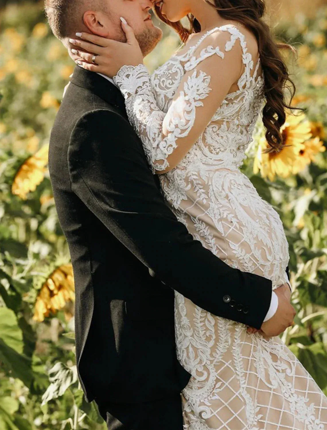 Engagement Formal Boho Wedding Dresses Mermaid / Trumpet Illusion Neck Long Sleeve Sweep / Brush Train Lace Bridal Gowns With Appliques