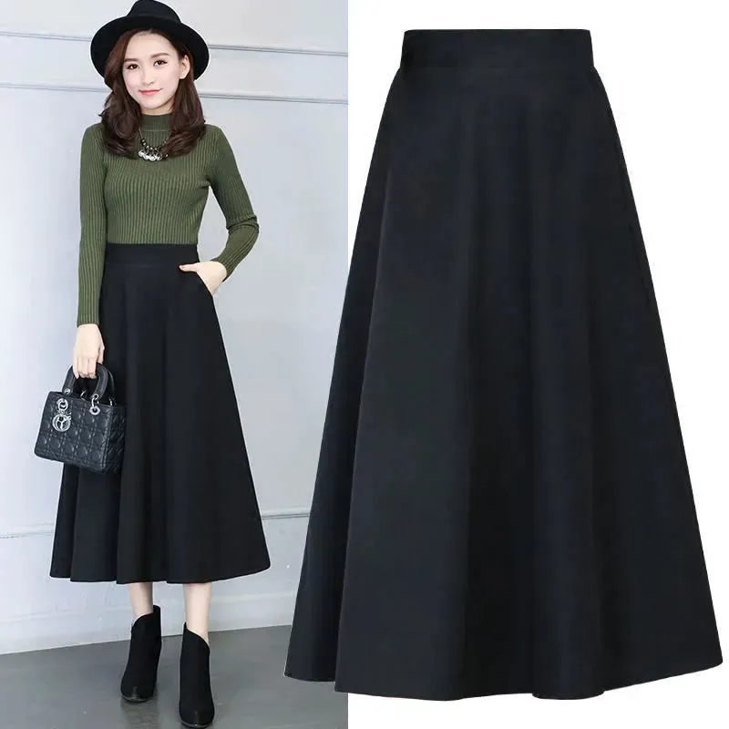 Flared High Waist Solid Wool Elastic A-Line Maxi Skirt