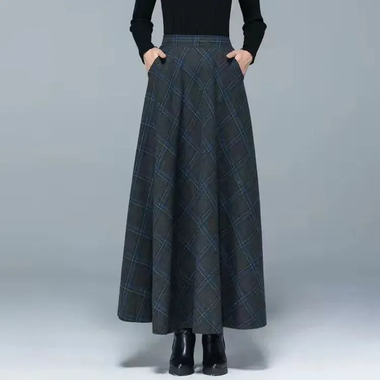 Flared High Waist Solid Wool Elastic A-Line Maxi Skirt