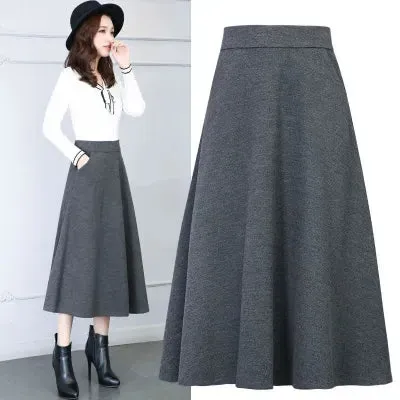 Flared High Waist Solid Wool Elastic A-Line Maxi Skirt