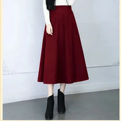 Flared High Waist Solid Wool Elastic A-Line Maxi Skirt